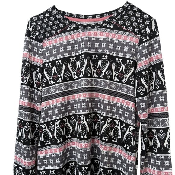 Cuddl Duds Fair Isle Lounge Top Medium Petite Black Penguins Long Sleeve Cozy PJ - Picture 3 of 8